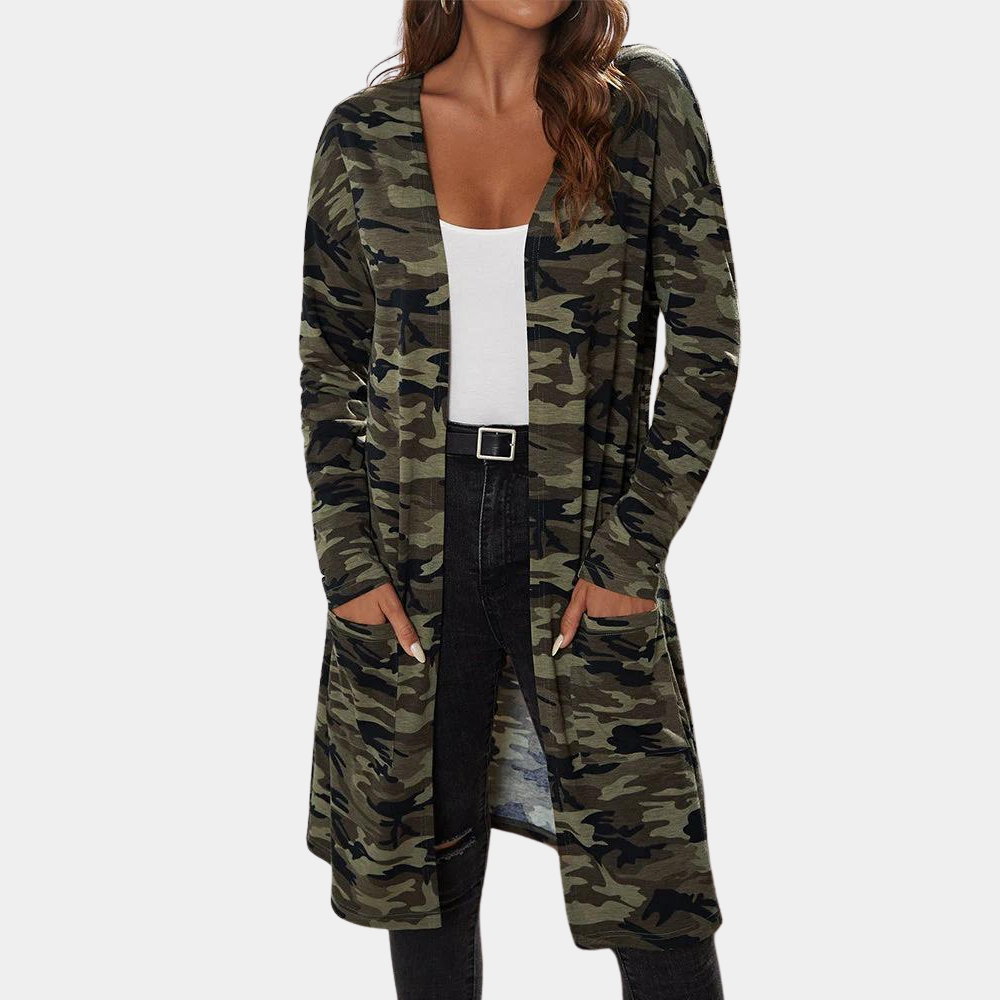 Elegante giacca lunga da donna in camouflage chic con pratiche tasche